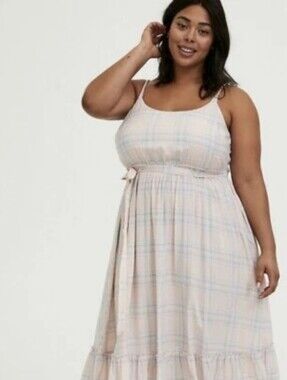 2X Torrid Light Pink & Blue Plaid Challis Tie Shirred Midi Dress